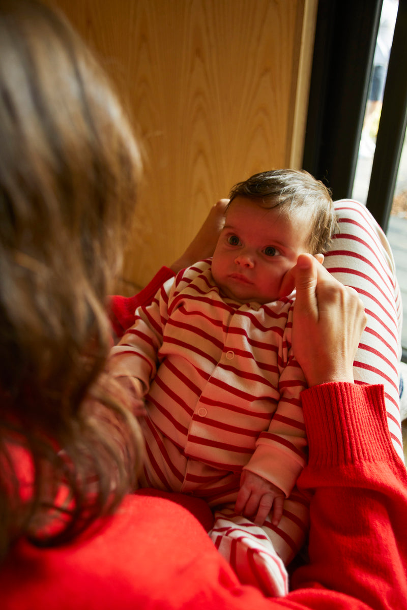 BABY SLEEPSUIT | RED & OATMEAL BRETON