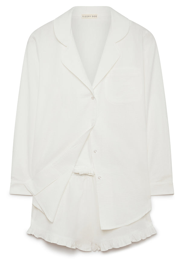 WOMENS SHIRT & FRILL SHORT PYJAMAS | WHITE SEERSUCKER