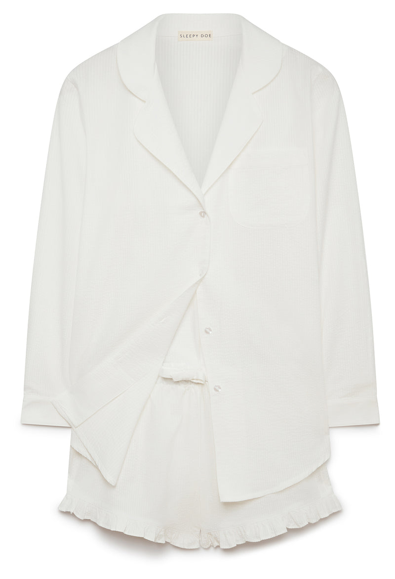 WOMENS SHIRT & FRILL SHORT PYJAMAS | WHITE SEERSUCKER