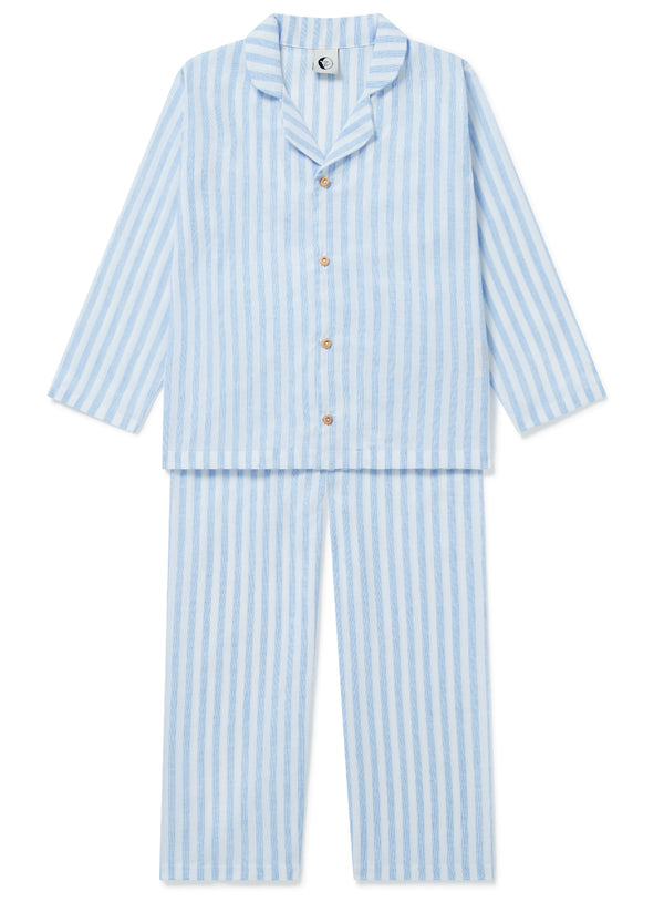 KIDS TRADITIONAL PYJAMA SET | BLUE LINEN STRIPE