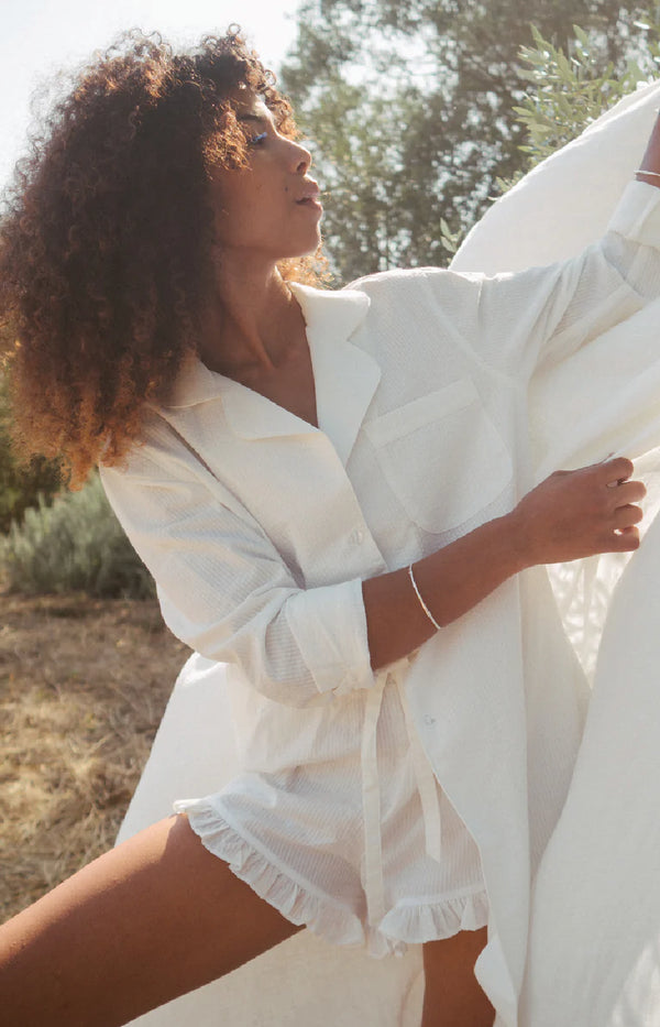 WOMENS SHIRT & FRILL SHORT | WHITE SEERSUCKER